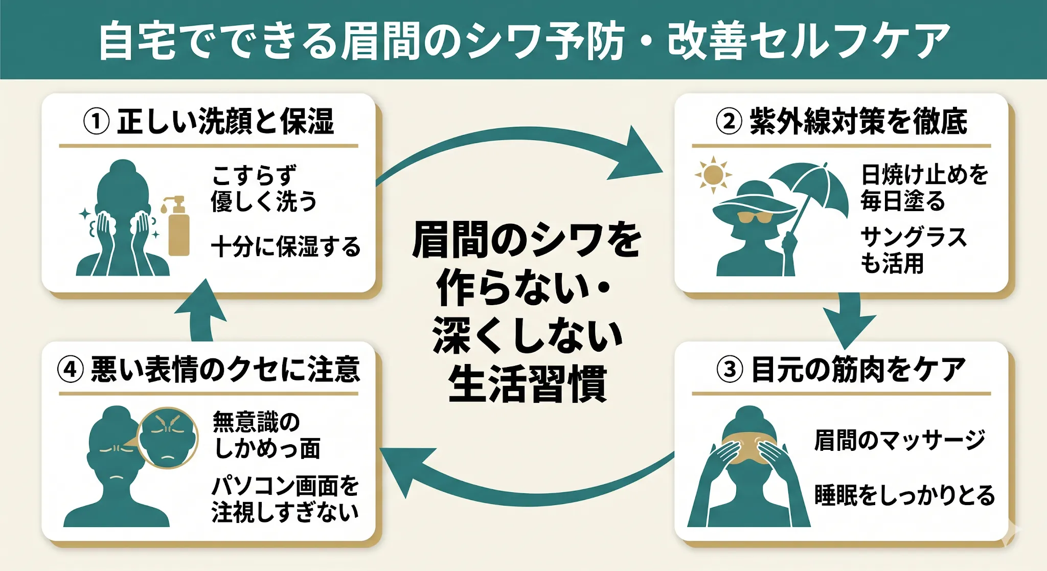 自宅でできる眉間のシワ予防・改善セルフケア