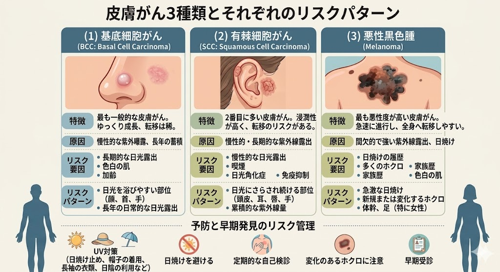 皮膚がん3種類とそれぞれのリスクパターン
